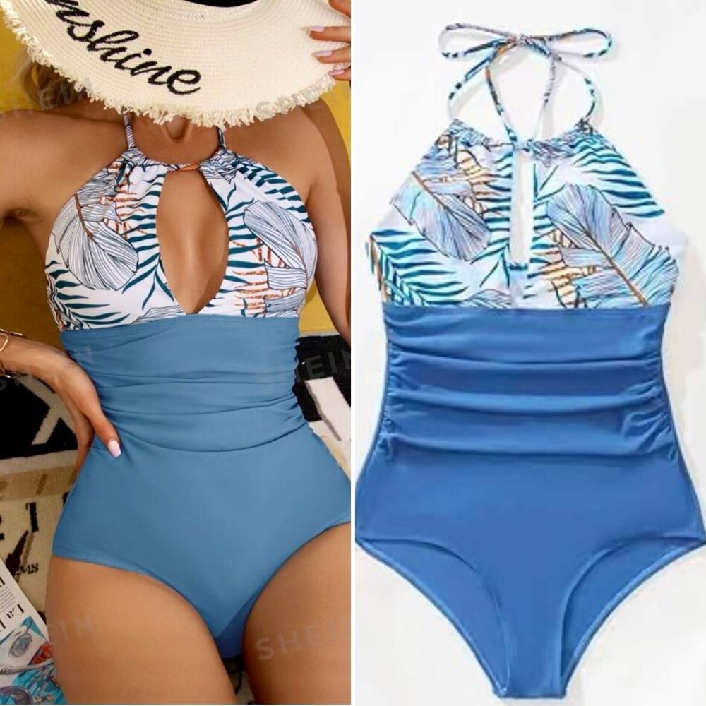 NWOT Tropical Print Ruched Side Keyhole High Back Halter One Piece Swimsuit Sz L